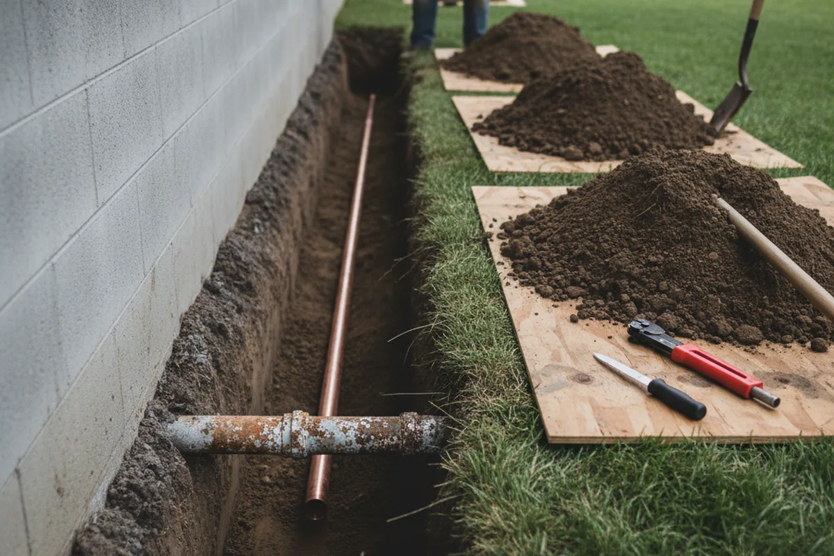 Excavated water line trench during Water Softener Installation in East Meadow